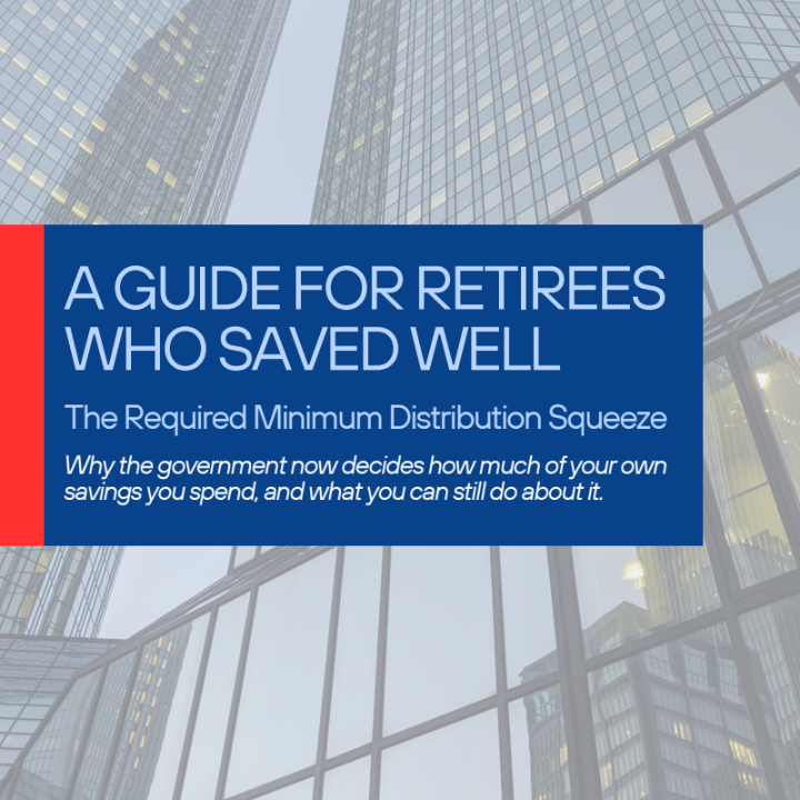 Guide for retirees: blue government pamphlet on pension squeeze over city skyscraper background