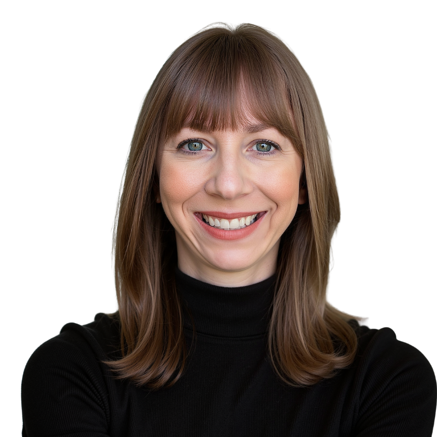 Smiling woman with brown hair and bangs, wearing a black turtleneck on a white background