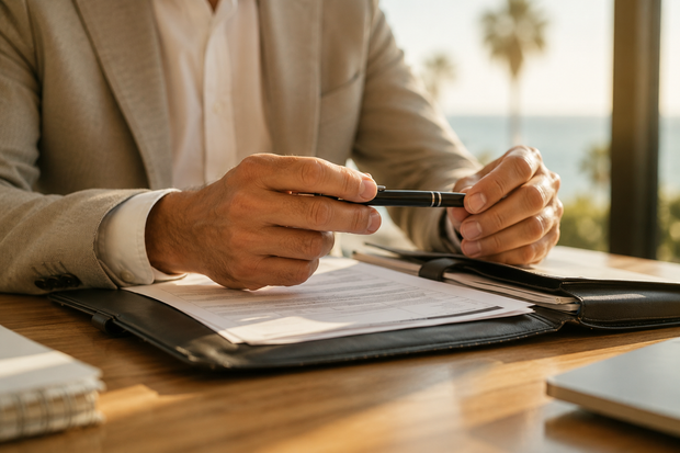 Hands holding a pen over documents on a clipboard at a sunlit wooden table, with a laptop nearby.