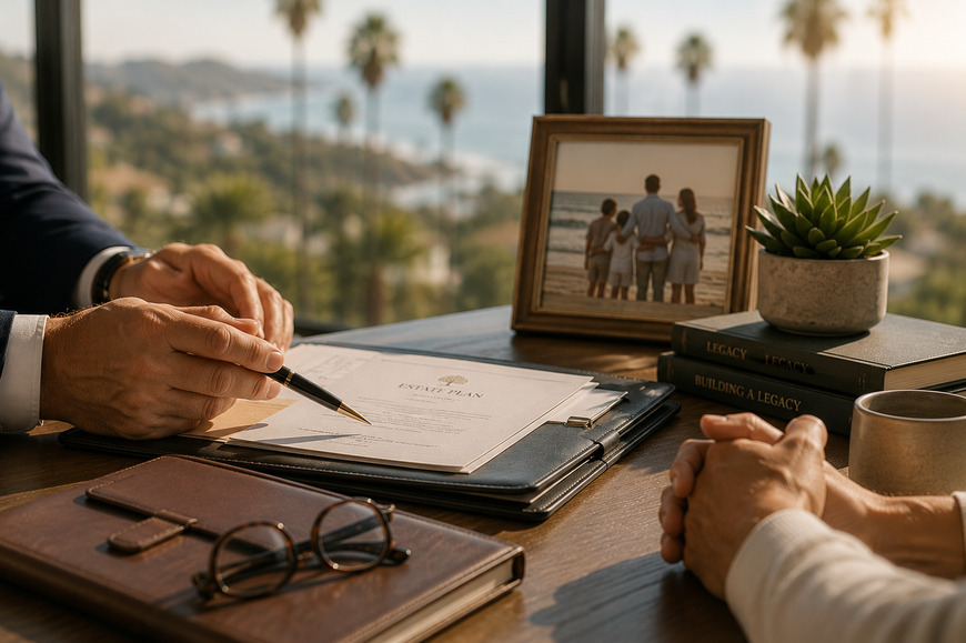 Hands signing a document on a desk with glasses, coffee, and a framed family photo by a window.