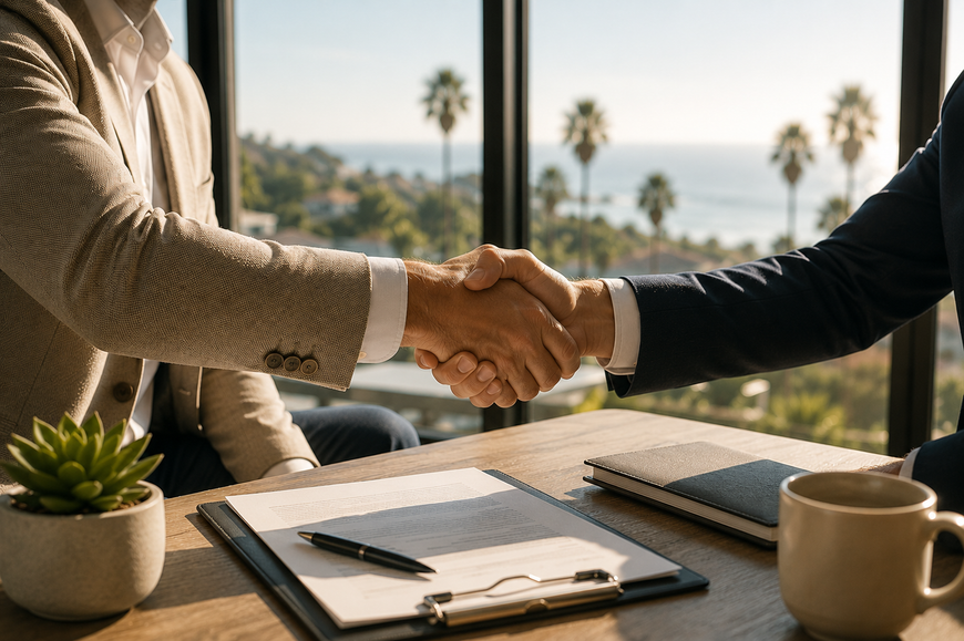 Handshake across a table in a bright office, with notebook, laptop, coffee mug, and a sunny window view.