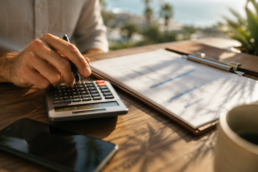 Hand using a calculator beside a clipboard on a sunlit outdoor table