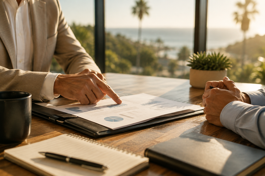 Two people discussing documents at a sunlit outdoor table with palm trees in the background
