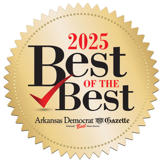 Gold seal badge for the 2025 Best of the Best awards from the Arkansas Democrat-Gazette with a red checkmark graphic.