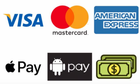A visa mastercard , american express , apple pay , and android pay logos