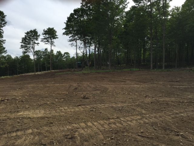 A large dirt field with trees in the background