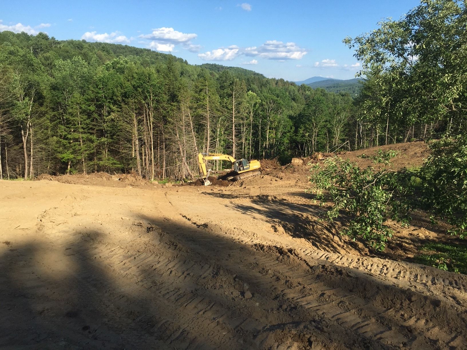 A yellow excavator is working on a dirt road in the middle of a forest.