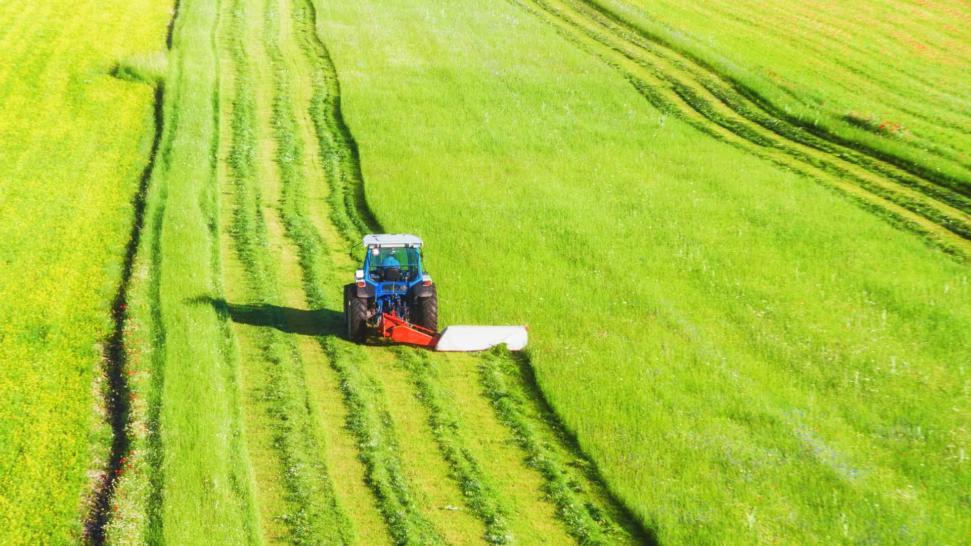 An aerial view of a tractor cutting grass in a field.