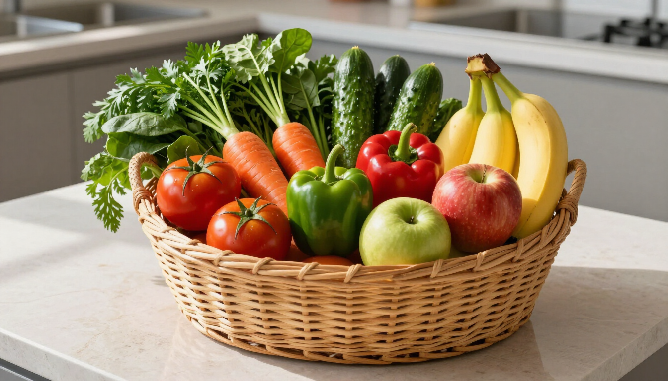 A basket of fresh healthy groceries and produce