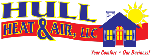 Logo for Hull Heat & Air, LLC, featuring blue text with gold accents, a red banner, a house, and a sun.