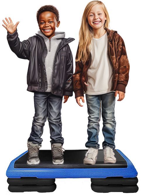 Two smiling children stand on a blue exercise step. One waves, both wear jackets and jeans.