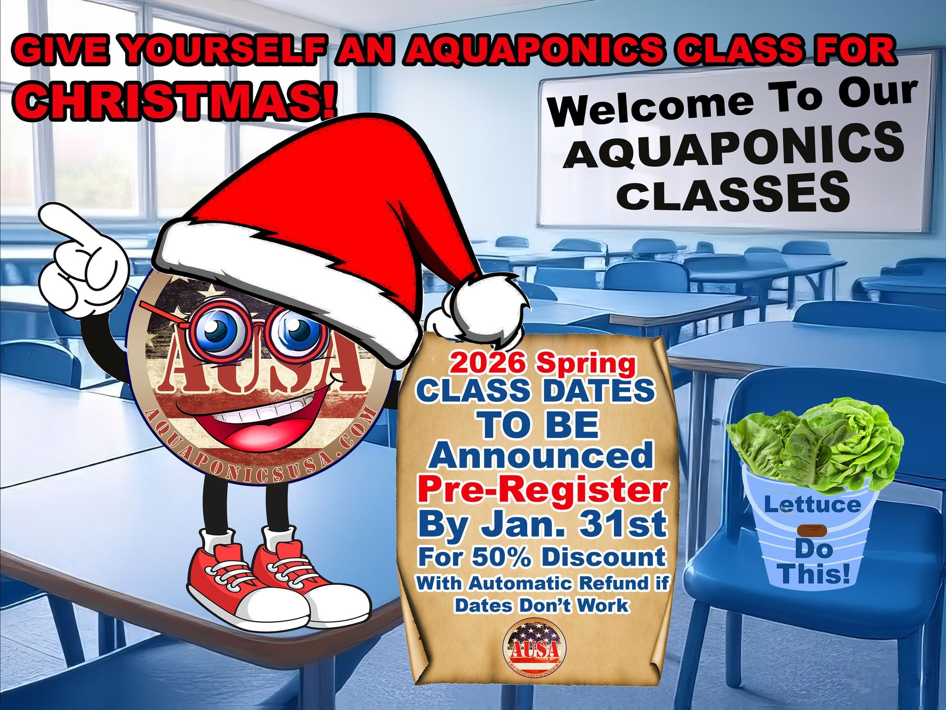 An anthropomorphic coin in a Santa hat promotes aquaponics classes.