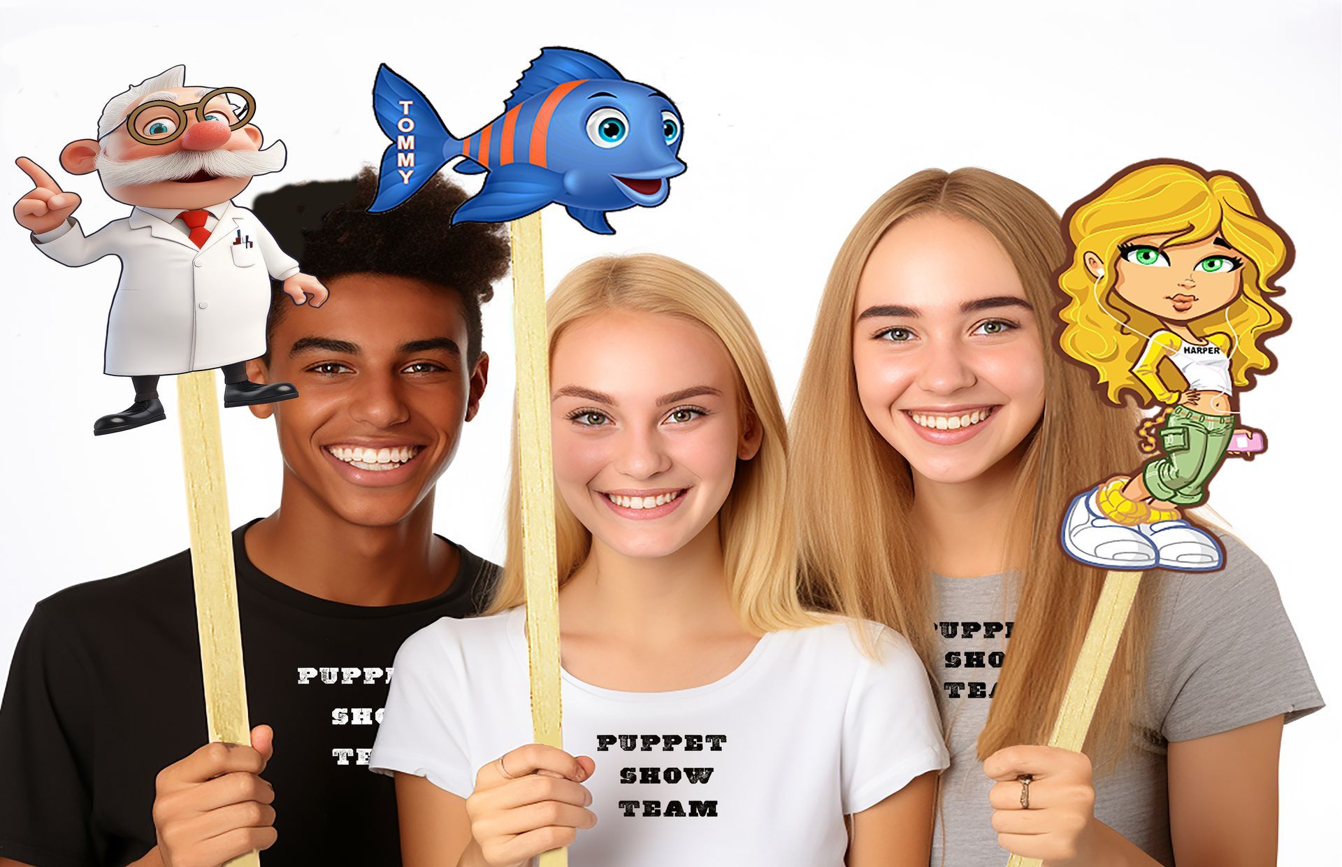 Three people smiling, holding up puppet-like characters. Professor, blue fish, and blonde cartoon character.