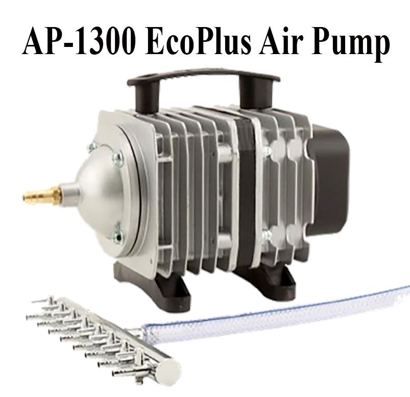 AP-1300 EcoPlus air pump with silver and black housing, and an air stone attached to clear tubing.