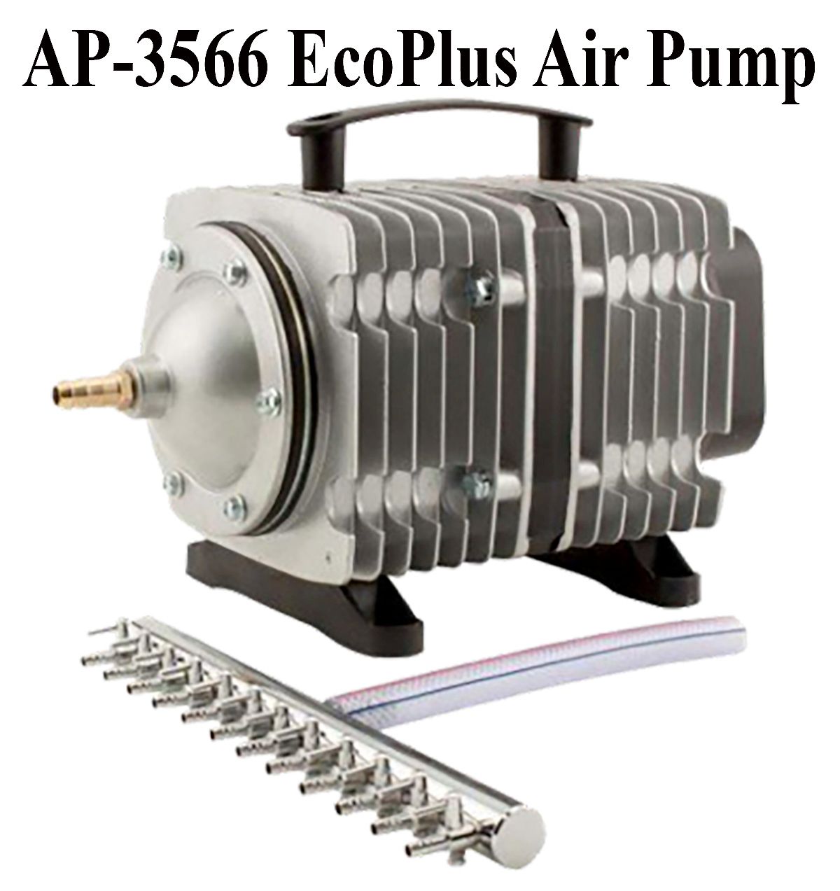 AP-3566 EcoPlus Air Pump with silver body, black handle and base, tubing, and air stone with multiple outlets.