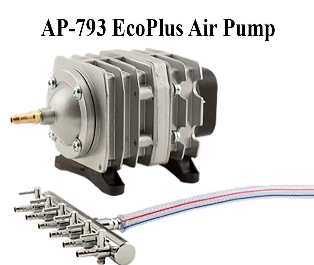 EcoPlus AP-793 air pump and a multi-outlet air distributor connected by tubing. Silver pump and metal distributor