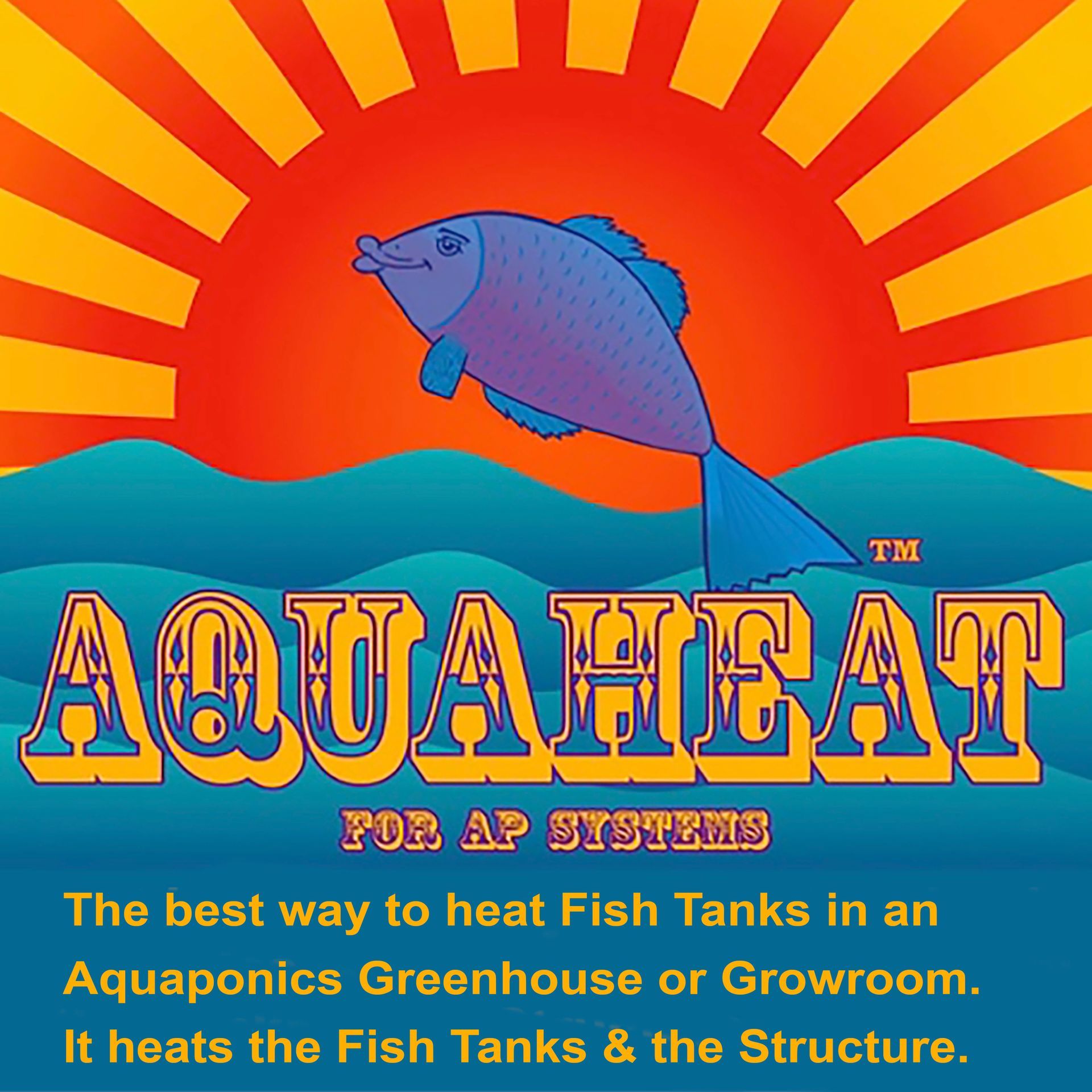 Cartoon fish leaps above stylized waves, in front of a sun.