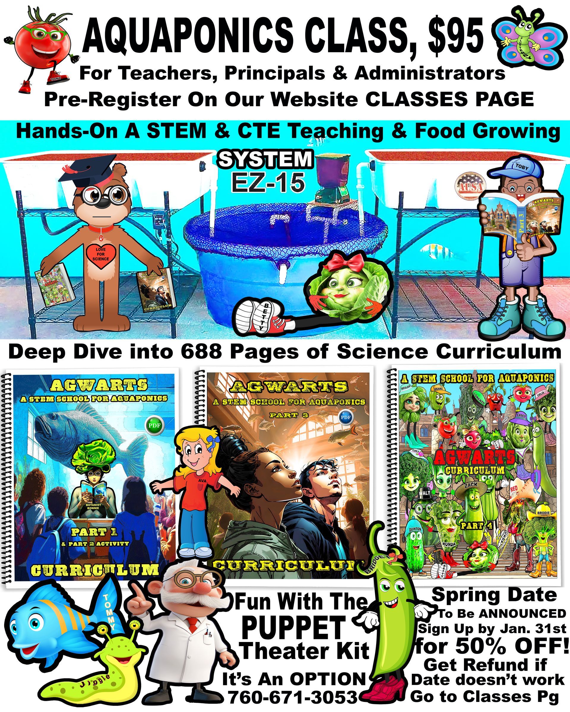 Flyer: Aquaponics class for teachers. Features STEM teaching, food growing, puppet theater kit, and science curriculum.