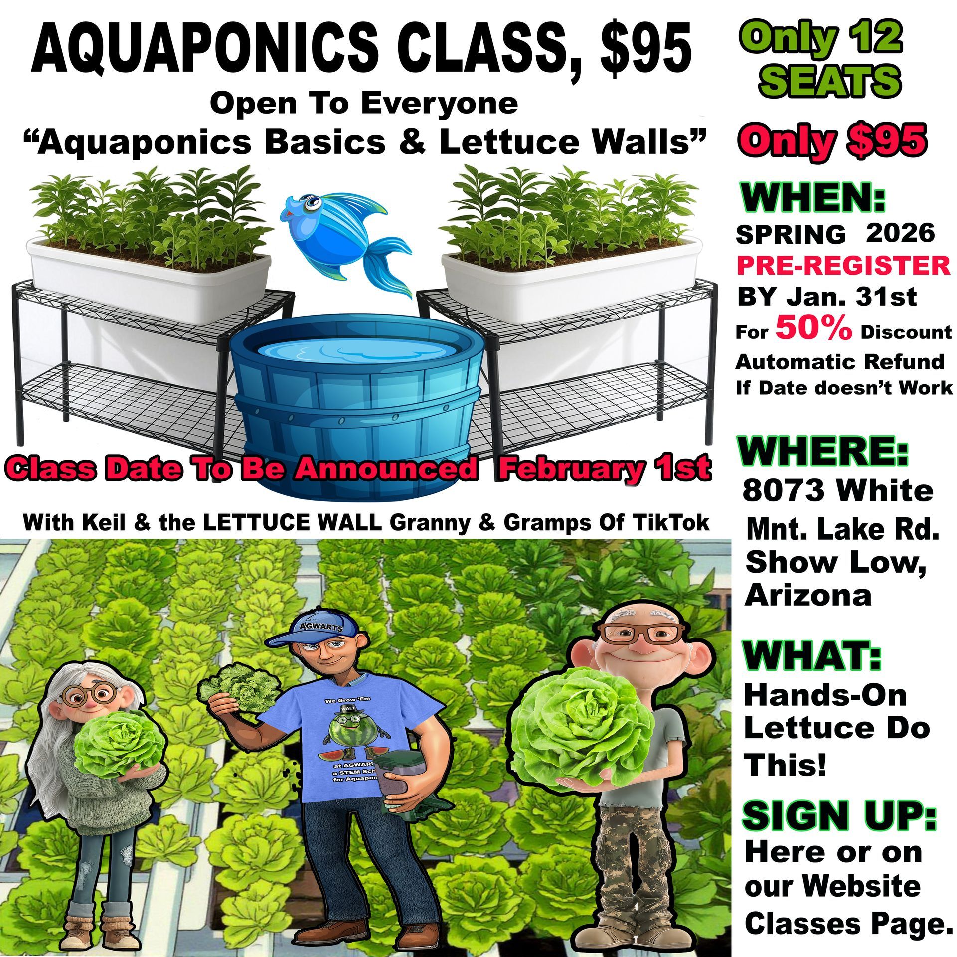 Aquaponics class advertisement: $95, hands-on, spring 2026