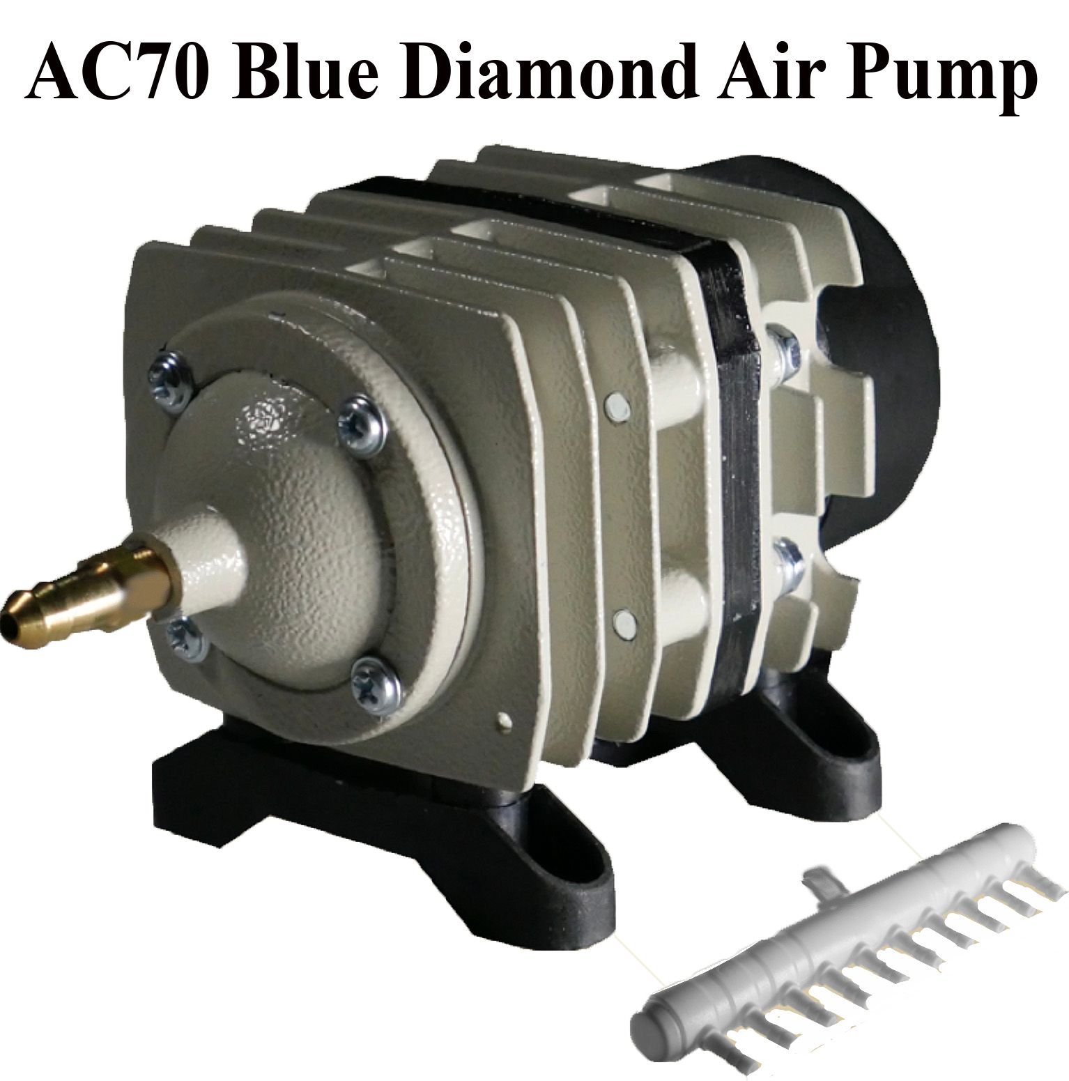 AC70 Blue Diamond air pump, beige metal housing, black base, with an air stone.