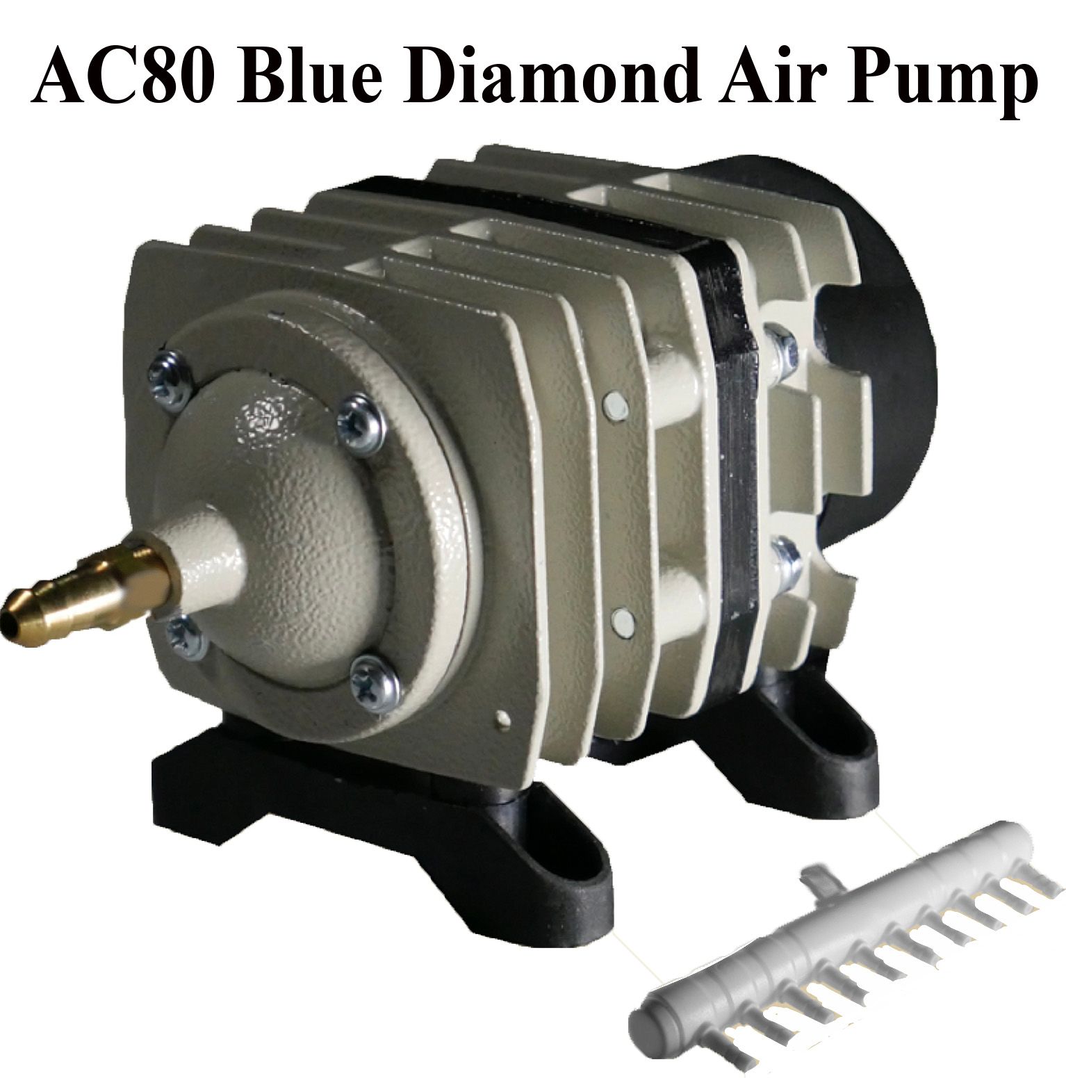 AC80 Blue Diamond air pump, beige and black, with an air stone on a white background.