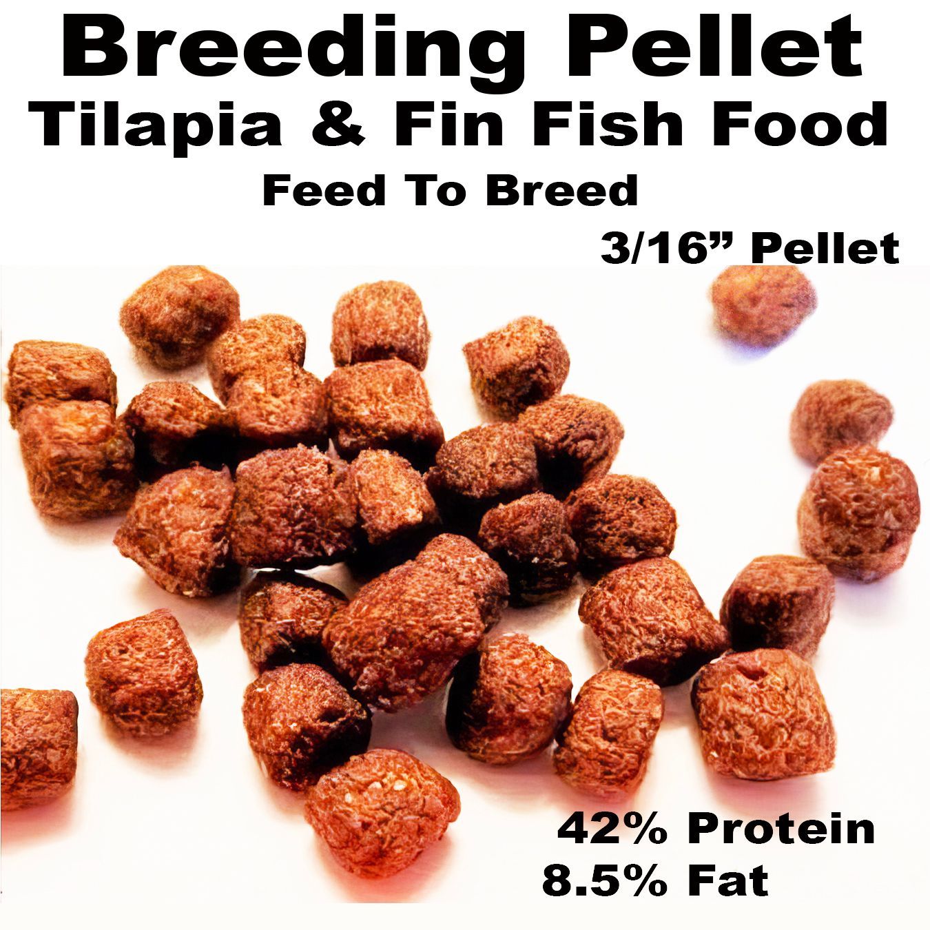 Close-up of brown fish food pellets, labeled