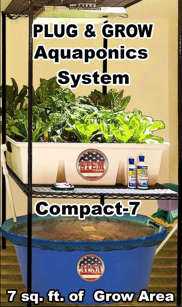 Aquaponics system with growing plants and a blue water tank labeled Compact-7.