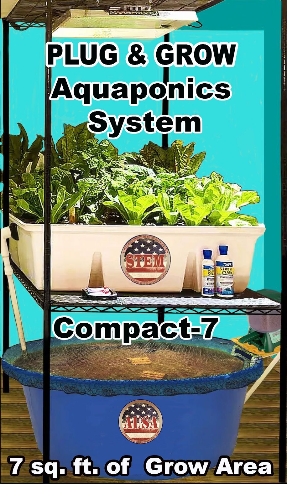 Aquaponics system with growing plants above and a blue water basin below, labeled 