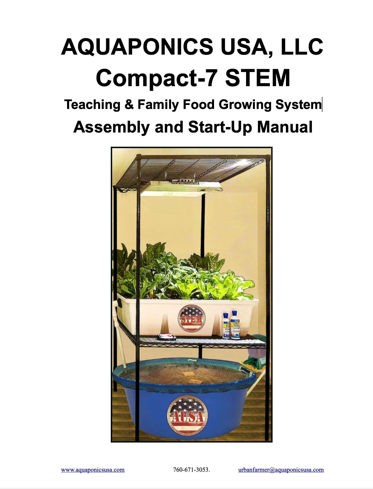 Manual cover for Compact-7 STEM aquaponics system. Shows system setup, with plants, water tank, and instructions.