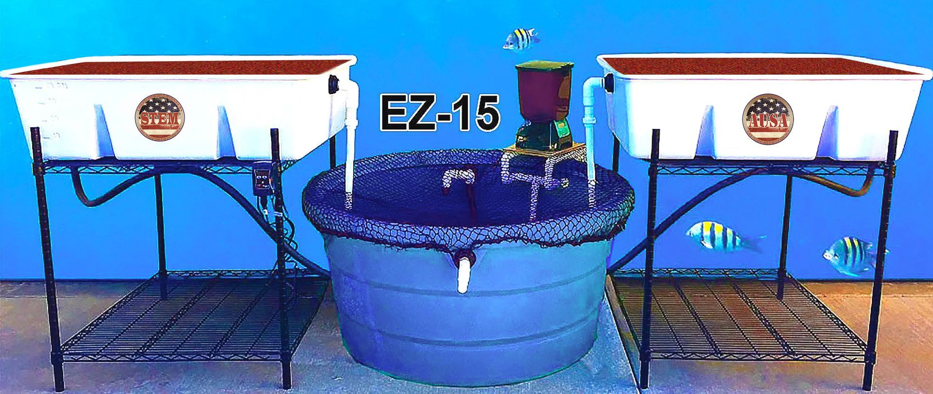 Aquaponic system with two white grow beds, a blue water tank, and a central pump.