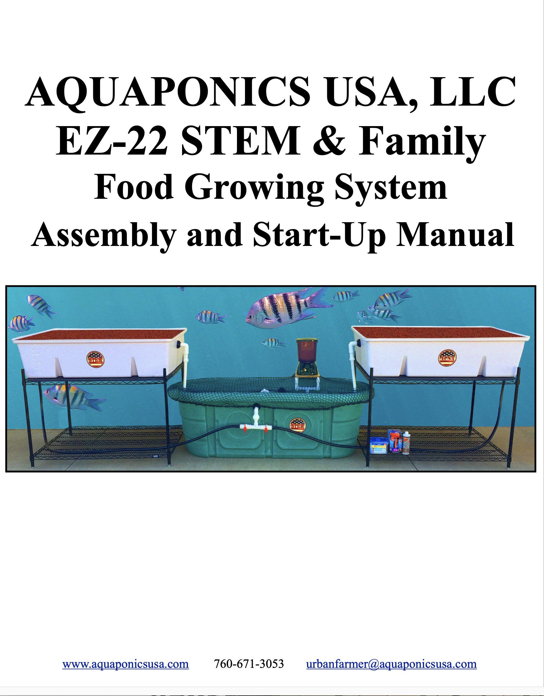 Cover of Aquaponics USA EZ-22 STEM & Family Food Growing System manual, with a system illustration.