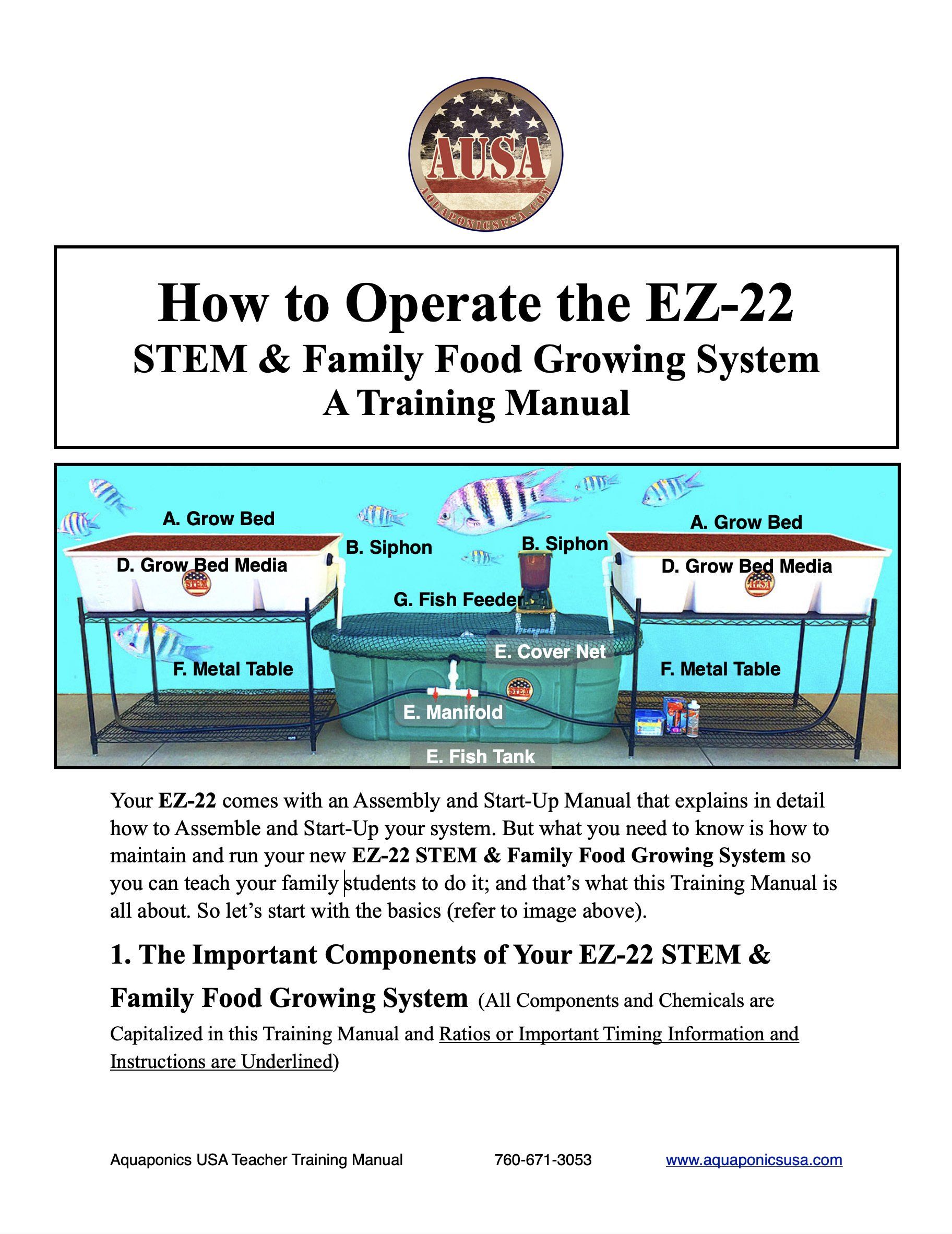 Training manual for the EZ-22 STEM & Family Food Growing System, showing its components.