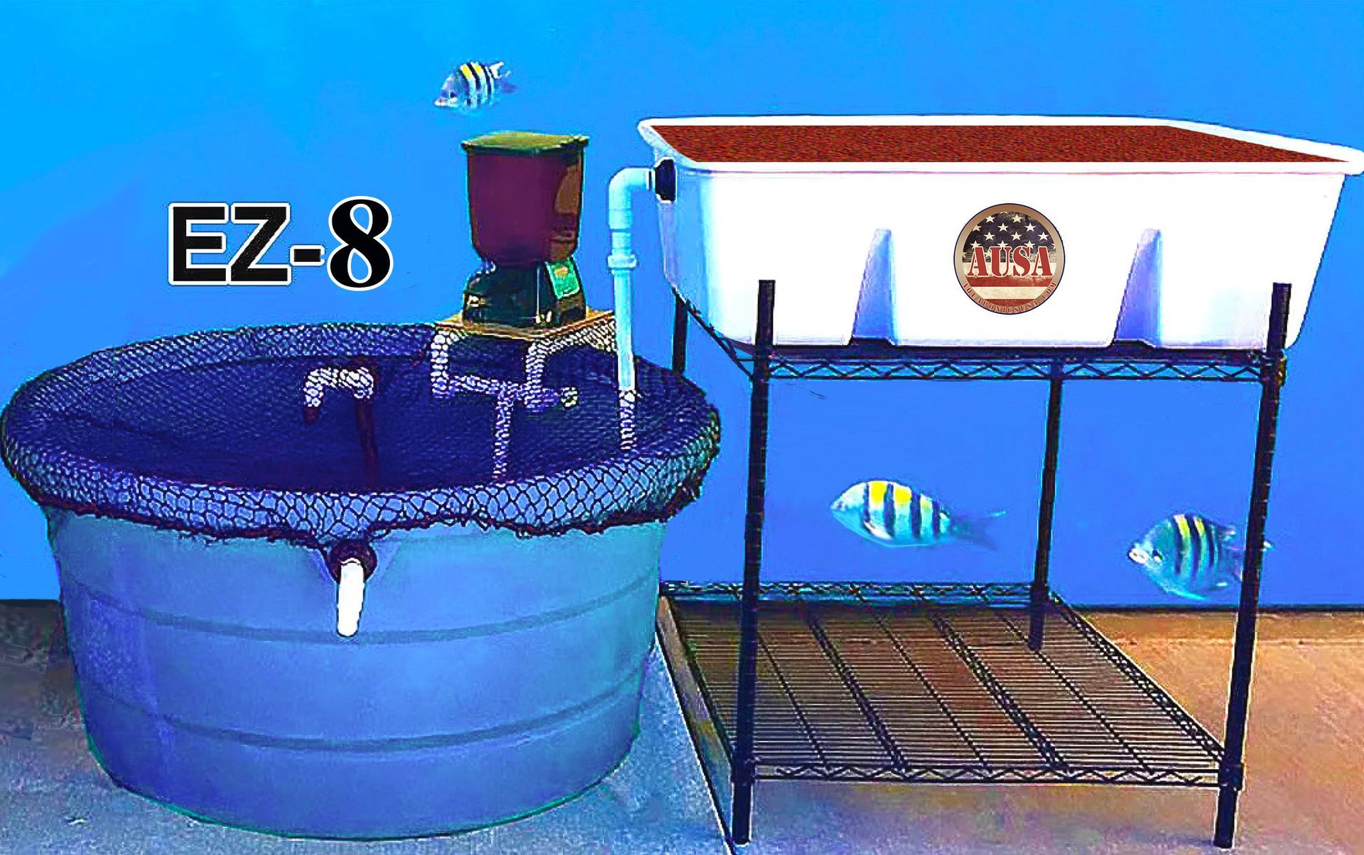 EZ-8 aquaculture system with a blue tank and a white tank on a black metal stand, simulating an aquatic environment.