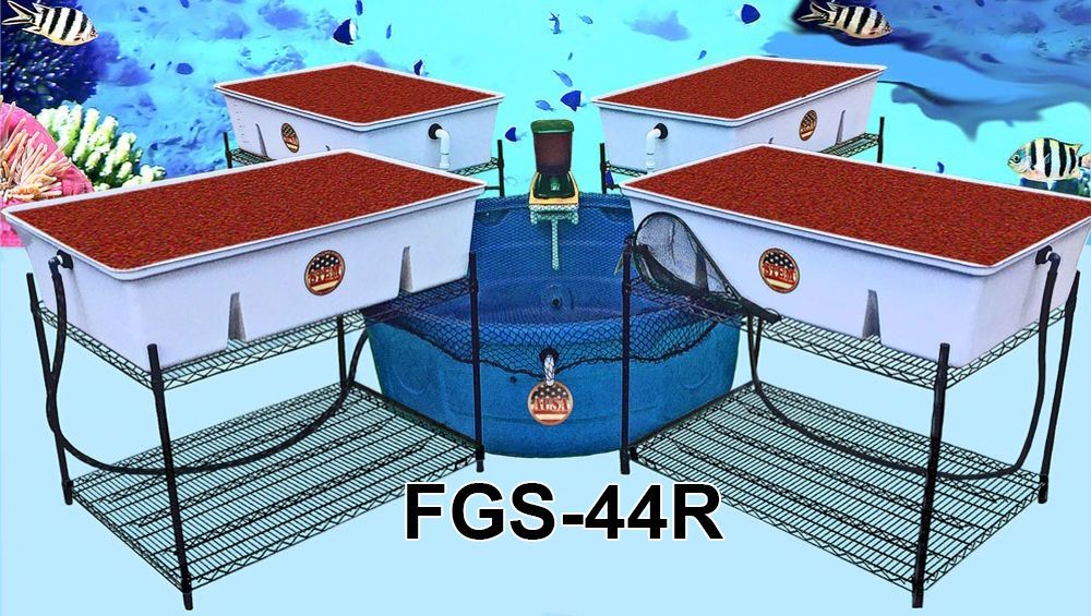 FGS-44R aquarium system with four white tanks on black stands, a central blue tank, and an underwater background.