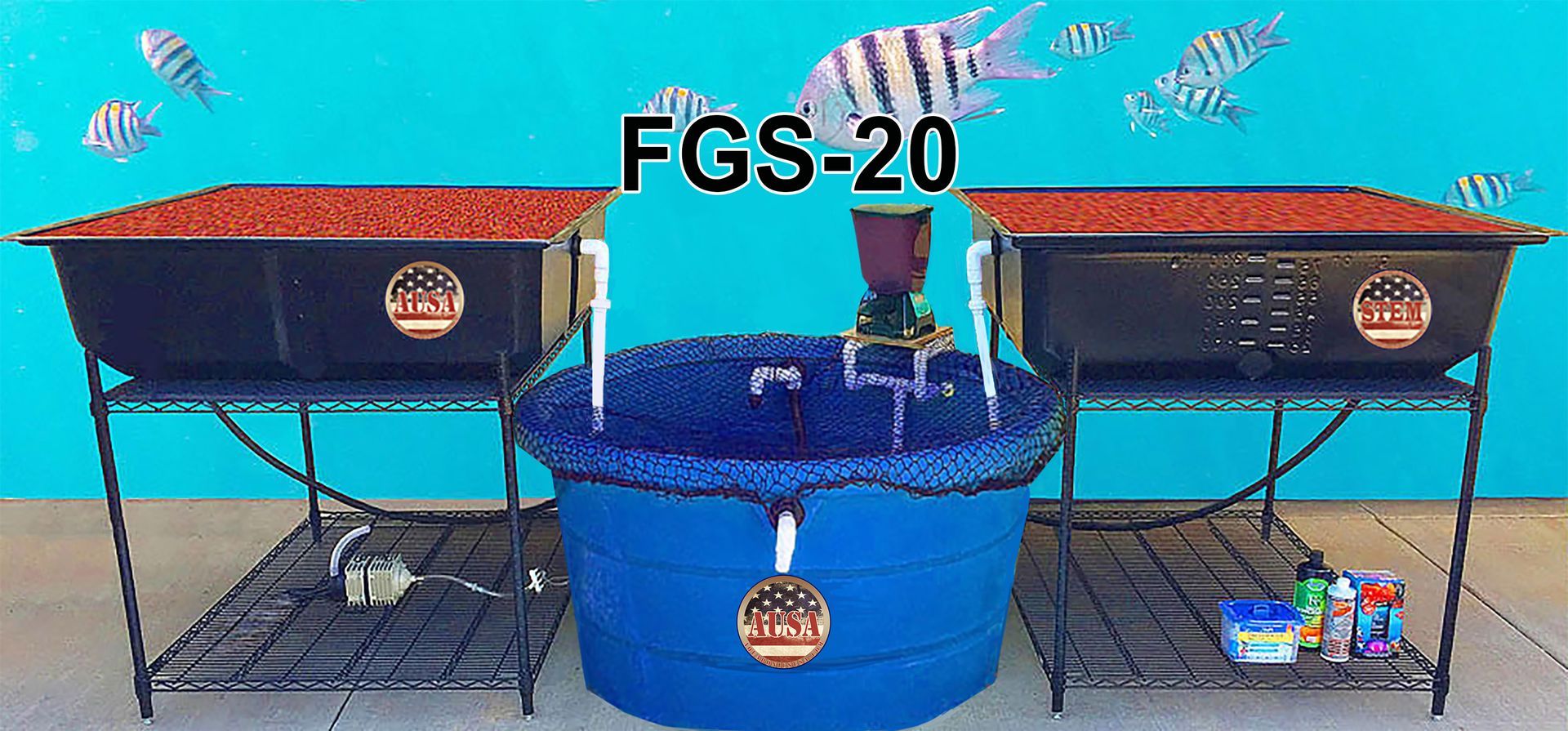 Aquaponics system with two black tubs, a blue tub, and fish illustrations.