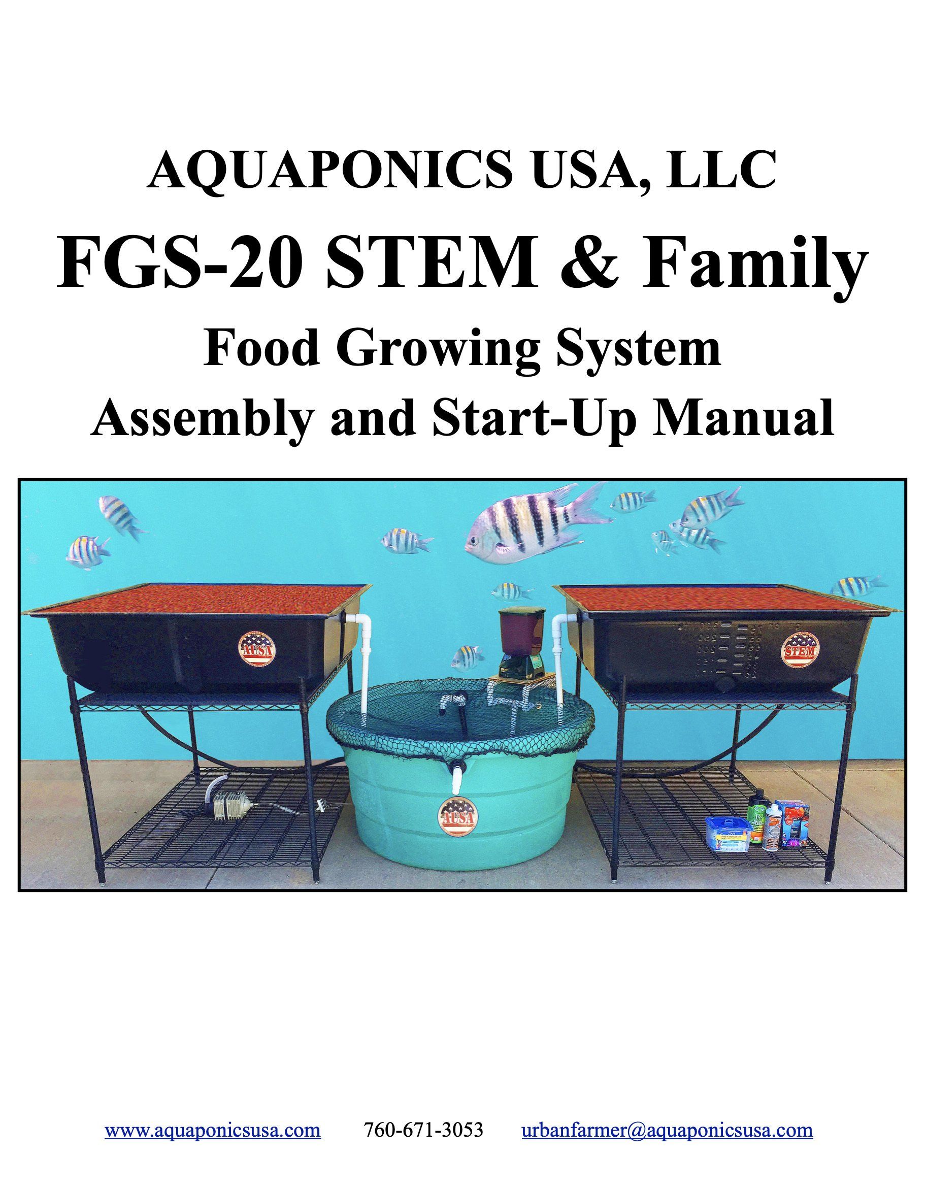 Manual cover: aquaponics system with two grow beds, a central tank, and fish illustrations.