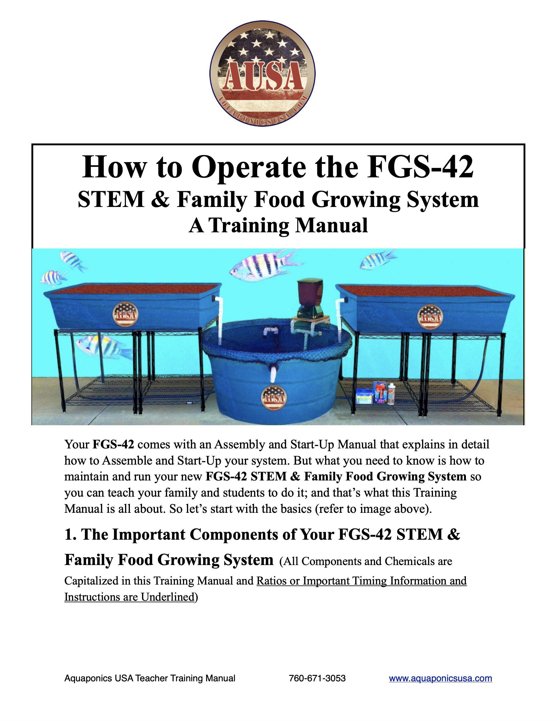 Manual cover: How to Operate FGS-42 STEM food growing system, showing equipment and text.