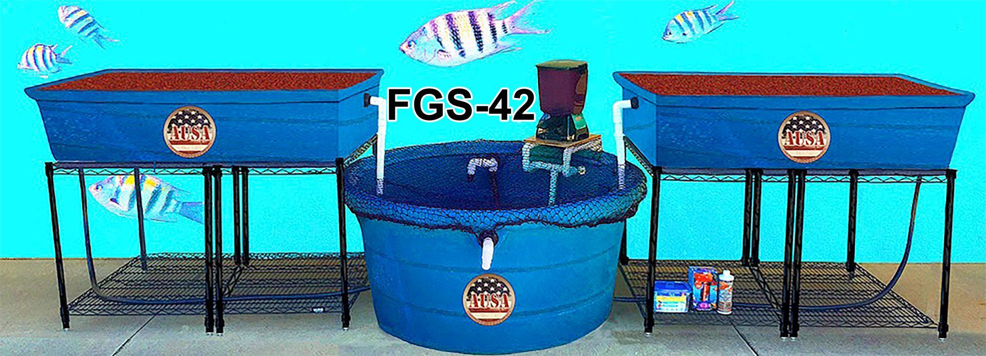 Blue aquaponics system with fish and plants, including a central round tank and two rectangular grow beds.