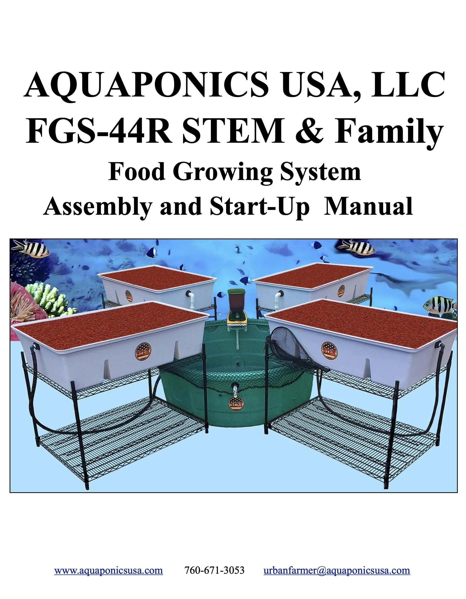 Cover of an aquaponics system manual showing four grow beds around a central tank, with text overlay.