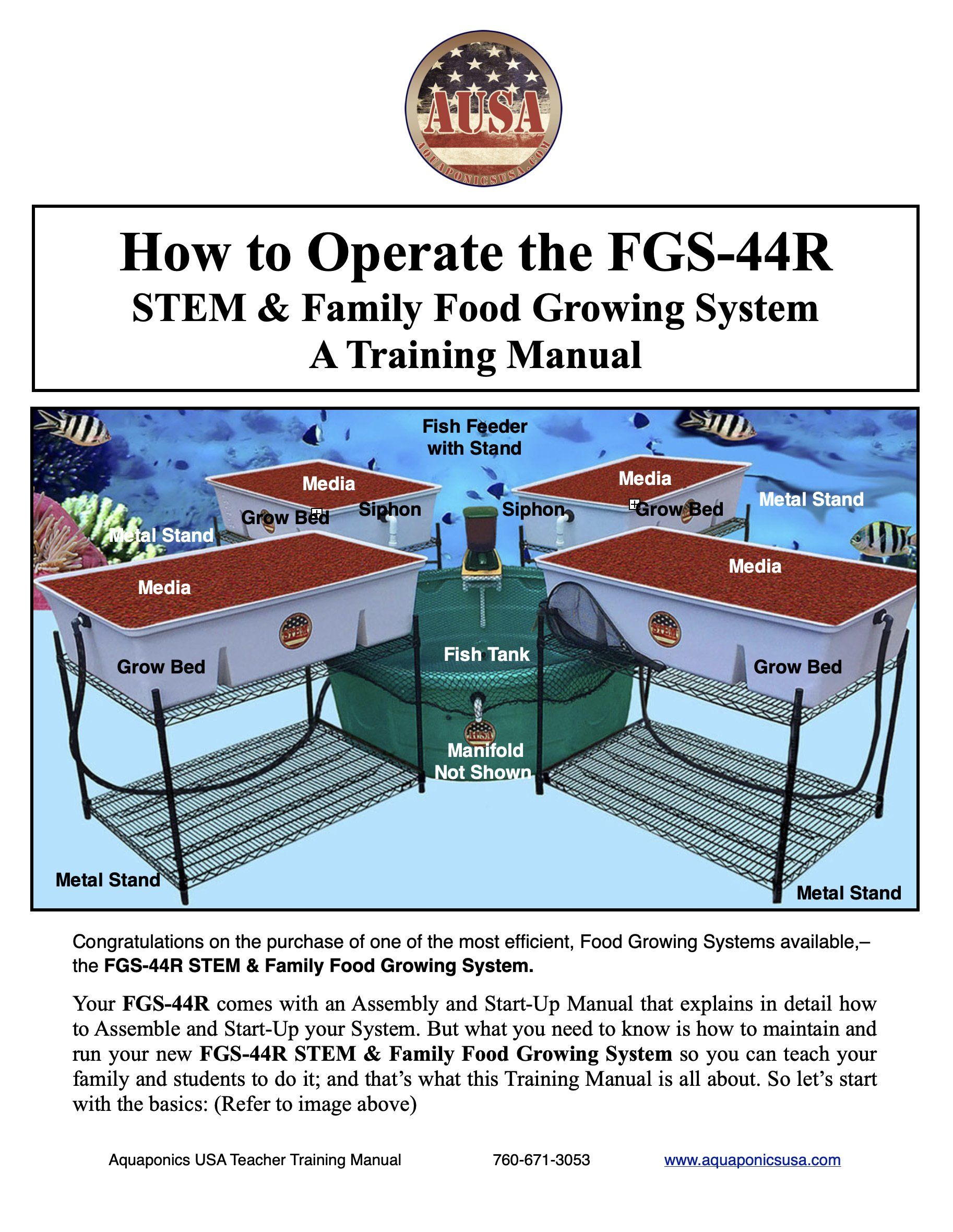 Manual cover: Operation instructions for the FGS-44R STEM & Family Food Growing System
