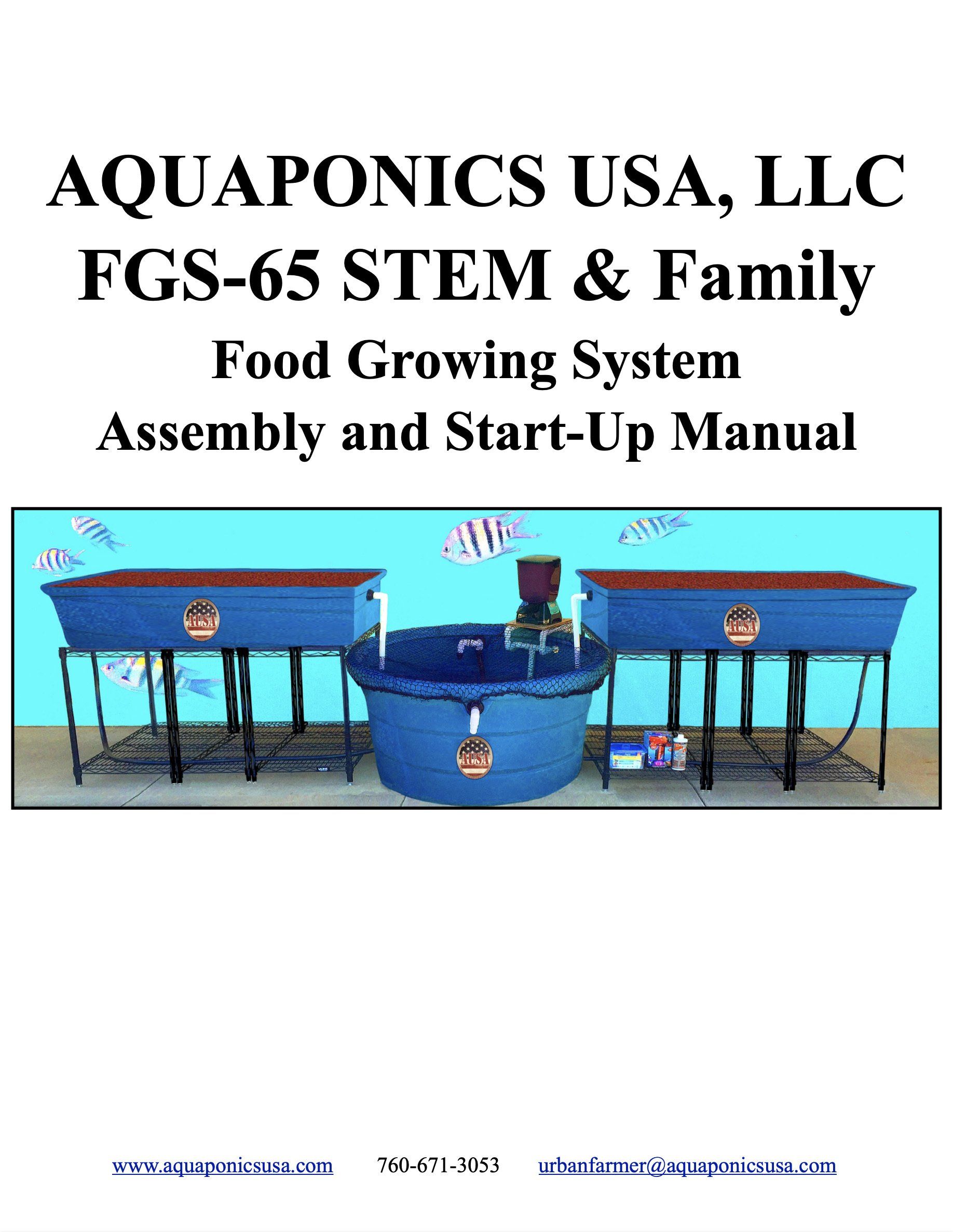 Cover of an Aquaponics USA manual for the FGS-65 STEM & Family food growing system, showing the system's components.