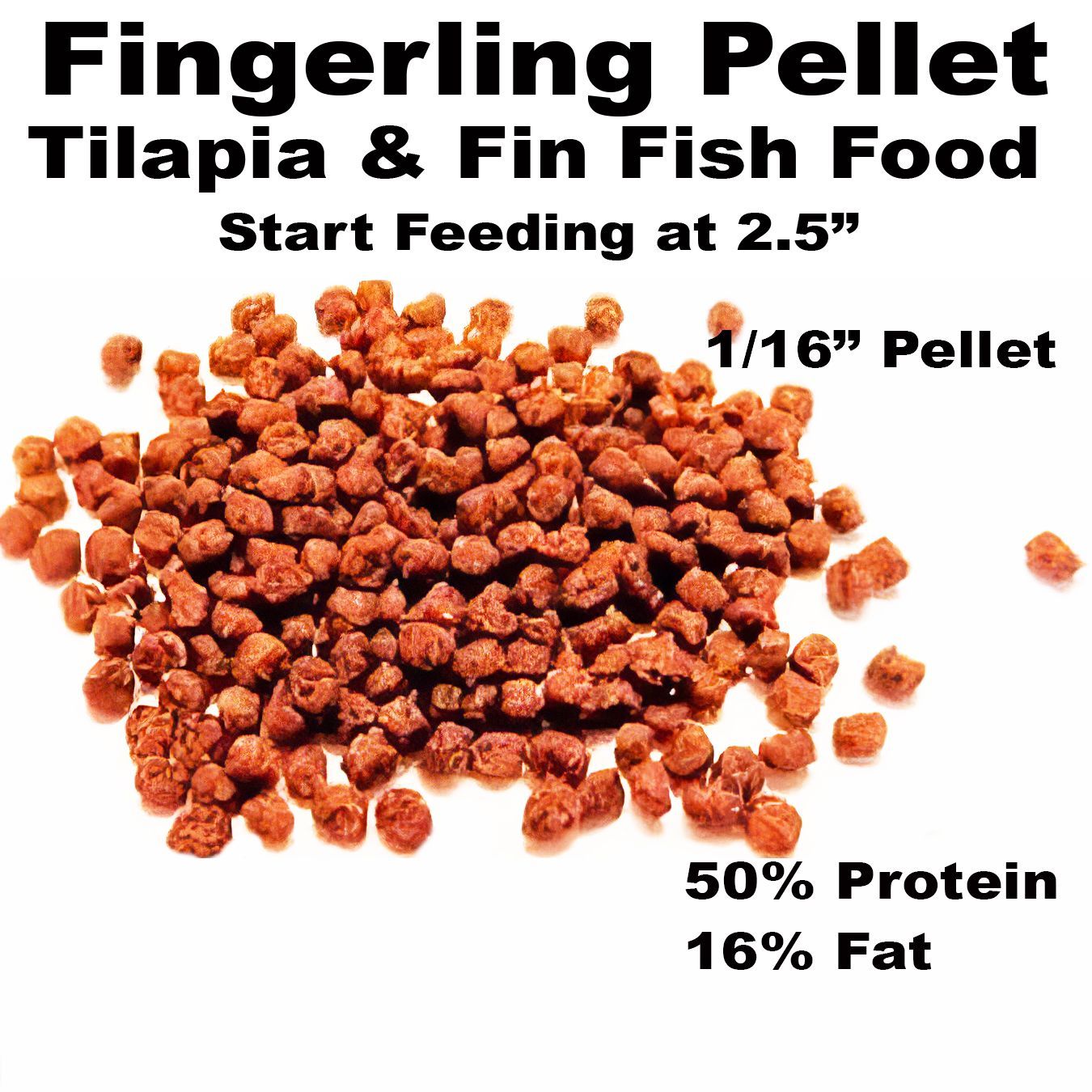 Pile of small, brown fish food pellets, labeled for fingerling tilapia and fin fish.