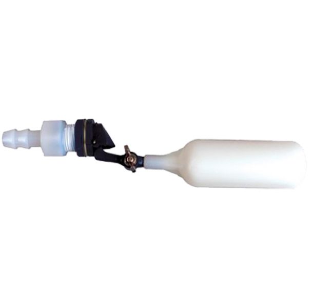 White plastic water float valve with a lever and inlet.