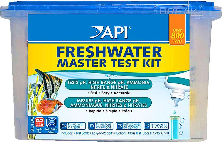 API Freshwater Master Test Kit with blue, yellow and white packaging. Tests pH, ammonia, nitrite, and nitrate.