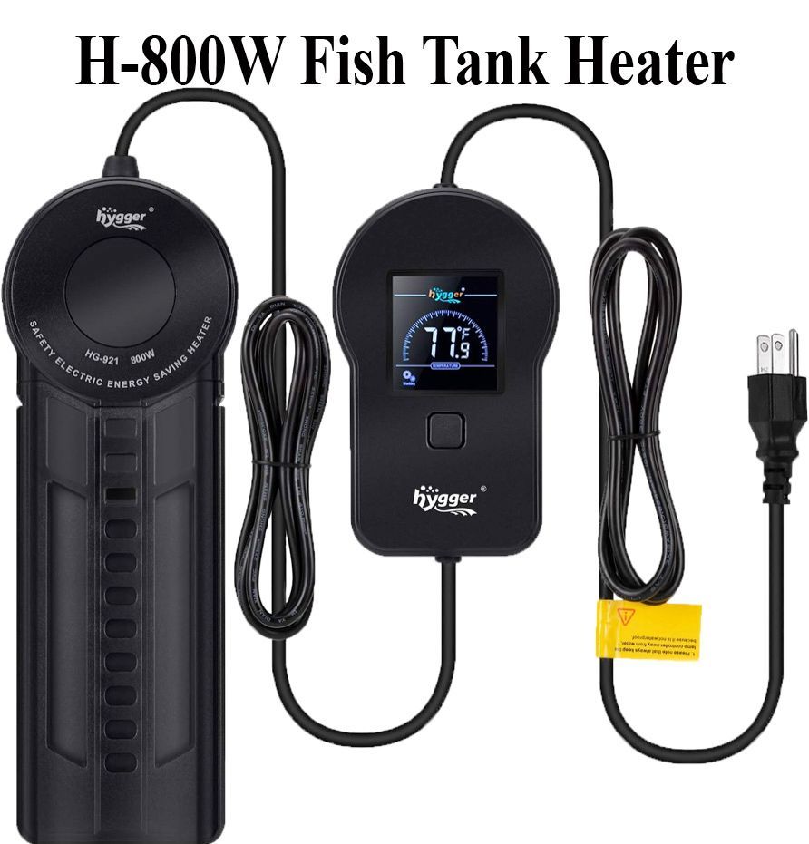Black fish tank heater with digital display, power cord, and dial, labeled