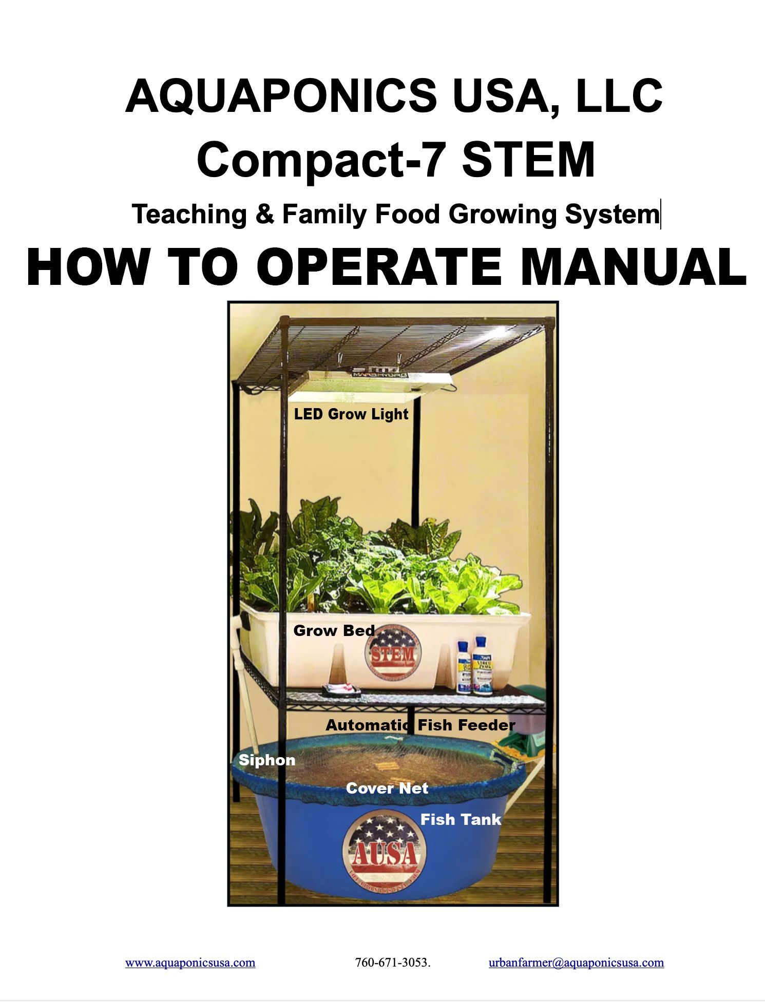 Aquaponics USA, LLC Compact-7 STEM system manual cover. Shows a small indoor food growing system with plants and a fish tank.