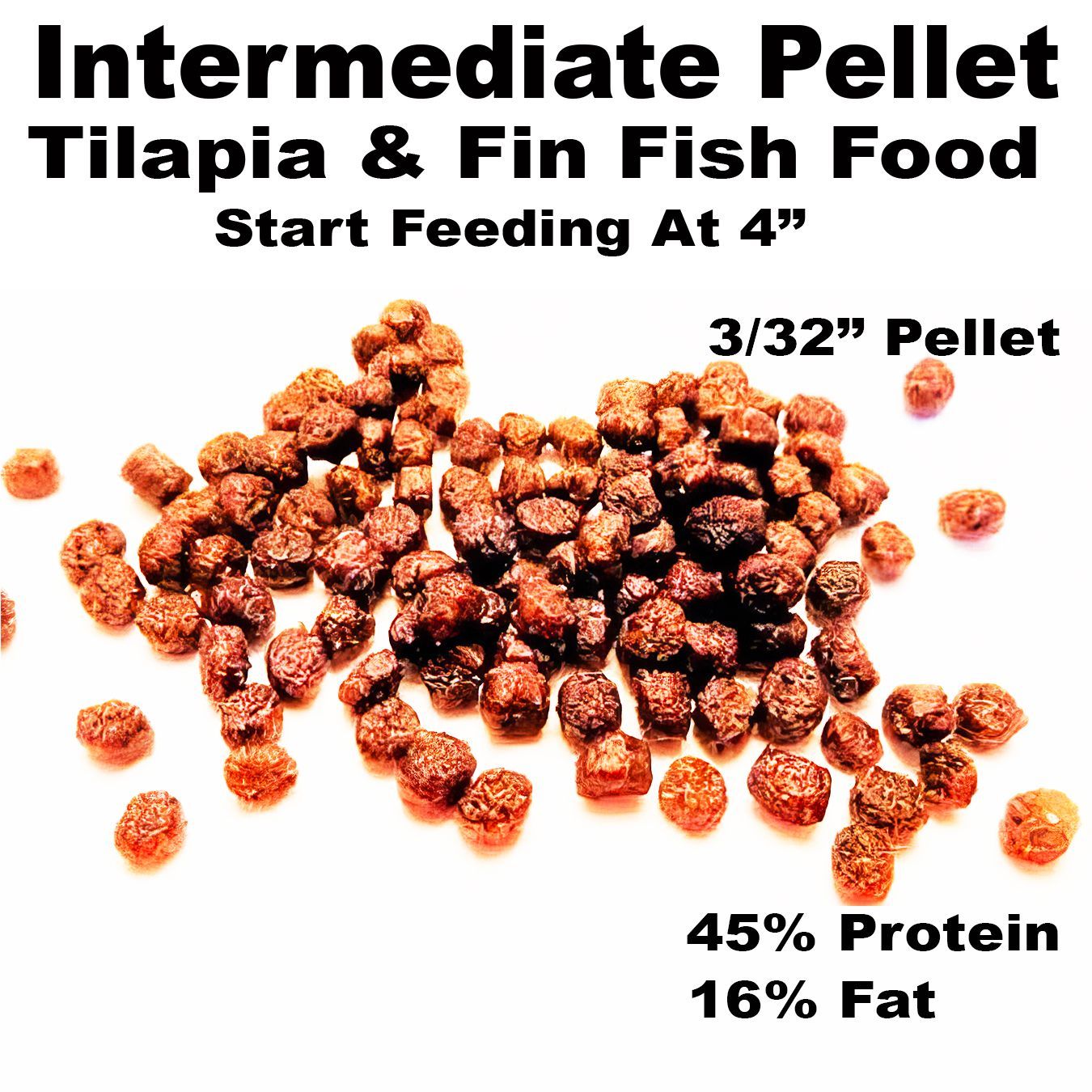 Pellet fish food for tilapia and fin fish, with 45% protein and 16% fat, pellets are 3/32