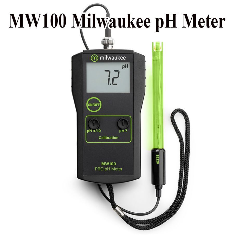 MW100 Milwaukee pH meter with digital display showing 7.2 pH and a green, glowing probe.