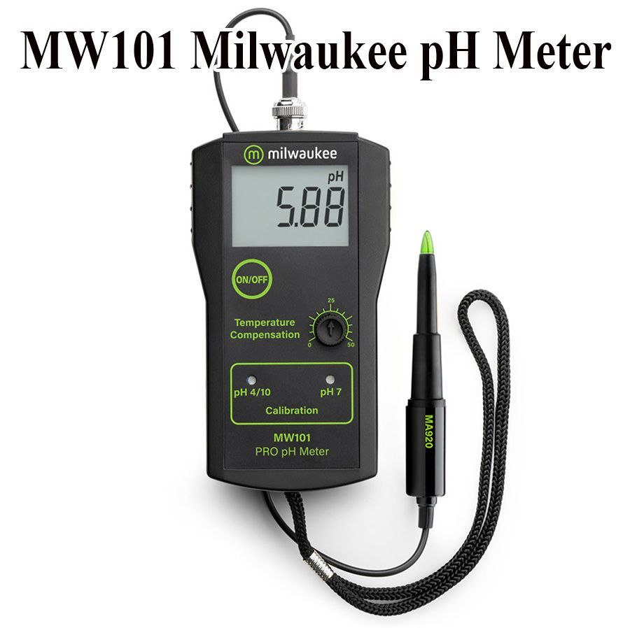 Black Milwaukee MW101 pH meter with probe. Displays a pH of 5.88.