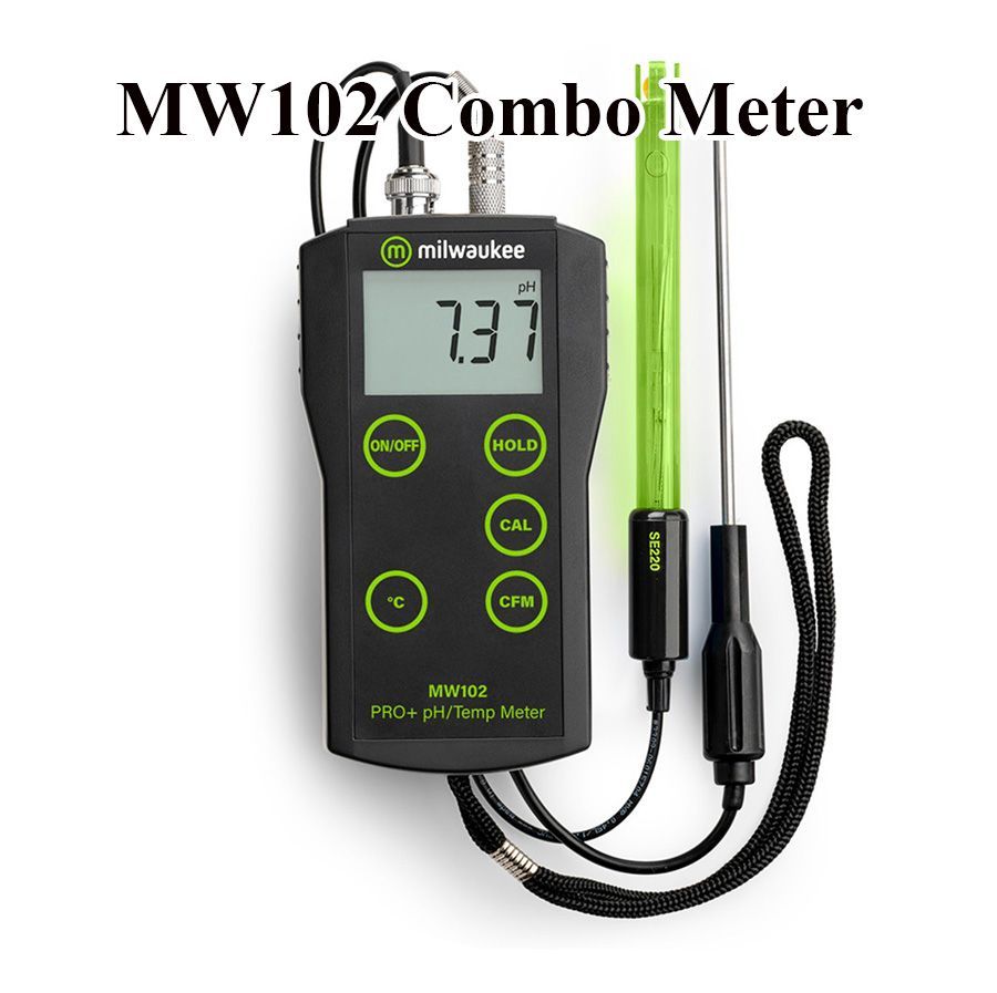 MW102 Combo Meter: A handheld pH and temperature meter with a digital display showing a pH reading.